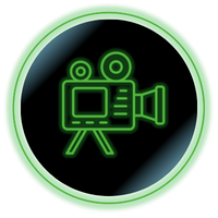 Green neon film camera icon inside a glowing circular black badge.
