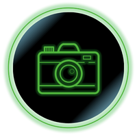 Neon green camera icon inside a glowing circular border on a black background