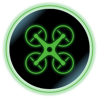 Neon green quadcopter drone logo on a black circular background with a green glow