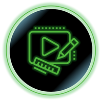 Green neon icon of a video player with a pencil and ruler inside a black circle.