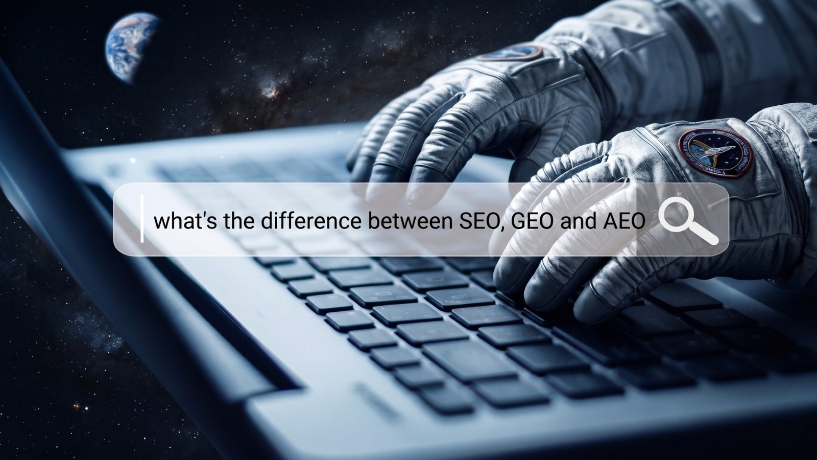 Hands typing on a laptop with a search bar reading “what’s the difference between SEO, GEO and AEO”