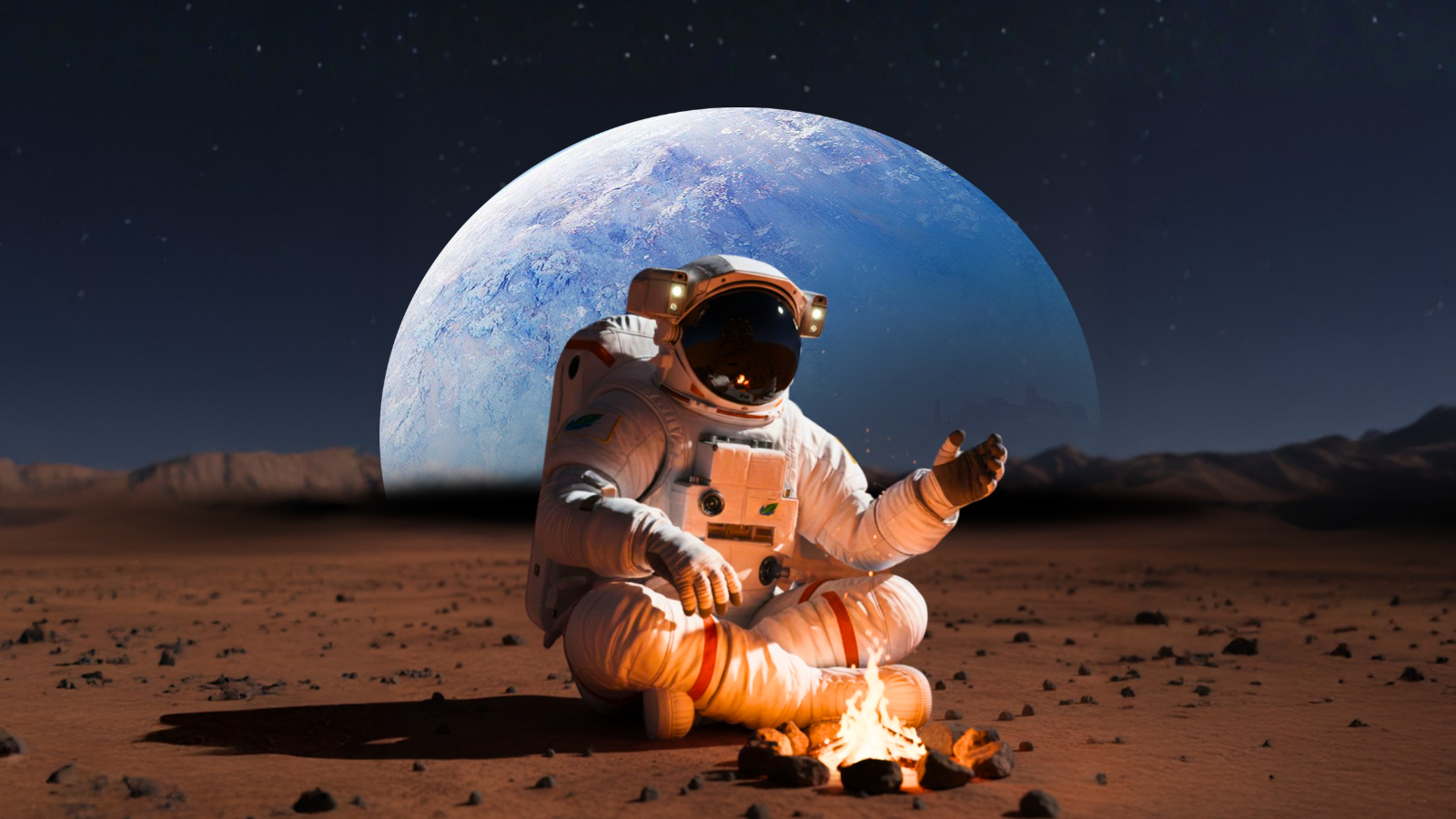 Astronaut sitting by a campfire on a reddish alien desert under a huge blue moon