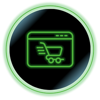 Green shopping cart icon inside a browser window on a dark circular background