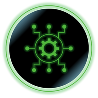 Green circuit gear icon in a black circle with a glowing green ring