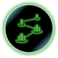 Green analytics/network icon on black circle with connected bar-chart symbols