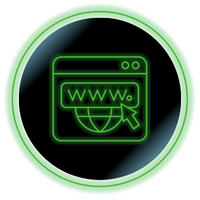 Green neon browser icon with a globe and mouse cursor on a black circular background