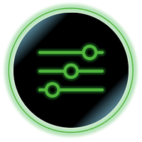 Green settings sliders icon in a black circle with a glowing green border