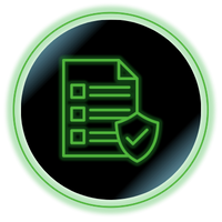 Green document checklist with shield icon inside a glowing circle on black background