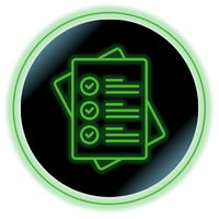 Green checklist icon on black circle with glowing outline and checkmarks