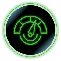 Green speedometer icon on a black circular background with a glowing outer ring