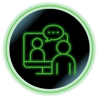 Green neon chat icon with two people on a screen and speech bubbles inside a black circle