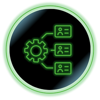Green gear with connected profile icons on a dark circular background, symbolizing automation or user management