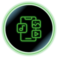 Green neon icon of a phone with music, photo, and play symbols inside a glowing circle