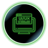 Neon green UI/UX icon of a monitor with a browser window on a black circular background