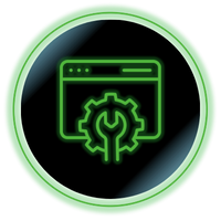 Green browser window with a gear and power symbol inside a glowing circle on black background