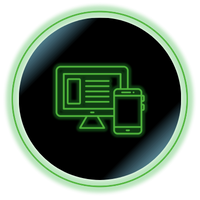 Green computer monitor and smartphone icon inside a glowing circular badge on a black background