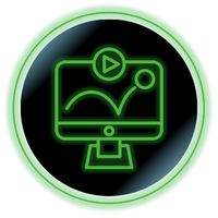 Green neon monitor icon with play button and chart on a black circular background