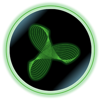 Green abstract three-blade spiral logo in a glowing circular frame on a black background