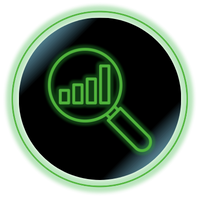 Green magnifying glass over rising bar chart inside a black circular icon
