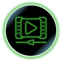 Green neon video play icon inside a circular black badge with a filmstrip and arrow below
