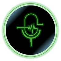 Neon green microphone logo on a black circle with a glowing green border