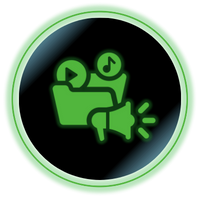 Green folder with a megaphone and music icons inside a glowing black circle.