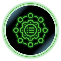 Neon green circular tech icon with connected nodes and a central chip on a black background