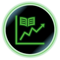 Green growth chart icon with an open book, on a black circle with a glowing green border