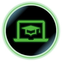 Green laptop icon with a graduation cap inside a glowing circular badge on a black background