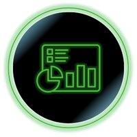 Green analytics dashboard icon on a black circular background with a glowing rim