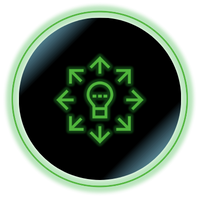 Green lightbulb icon with arrows pointing outward inside a glowing green circle on a black background