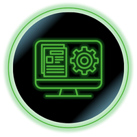 Green computer monitor icon with document and gear symbols on a black circular background