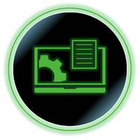 Green computer monitor icon with gear and document inside a glowing circle