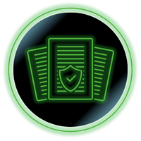 Green glowing document icon with a shield on a dark circular background