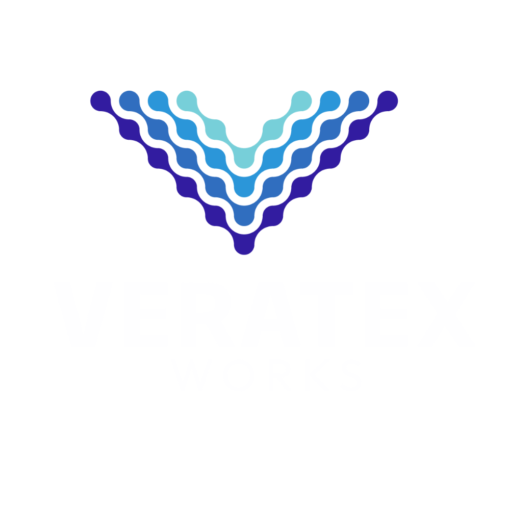 Blue and purple wavy V-shaped logo on a white background