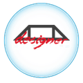 Red and gray “designer” logo inside a light blue circle