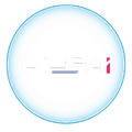White circular logo with faint gray lettering and a small red accent on a light blue background