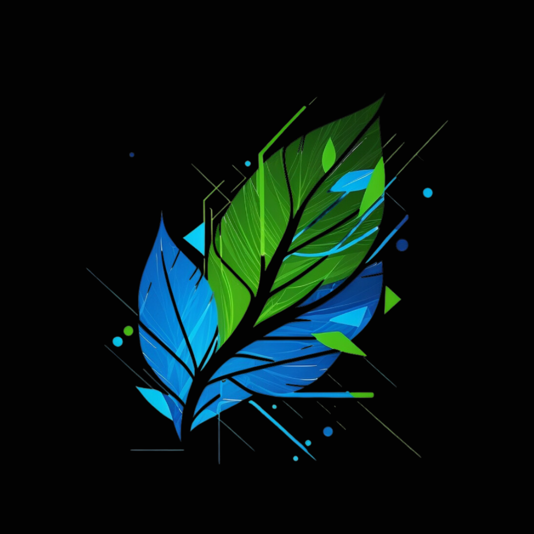 Abstract blue and green leaves with glowing geometric accents on a black background