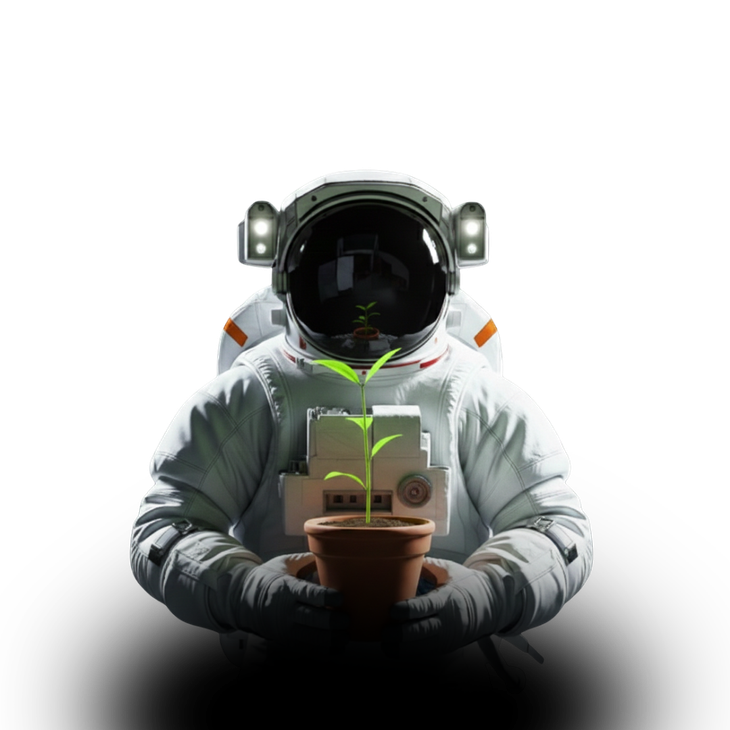 Astronaut holding a potted sprout, glowing against a dark background
