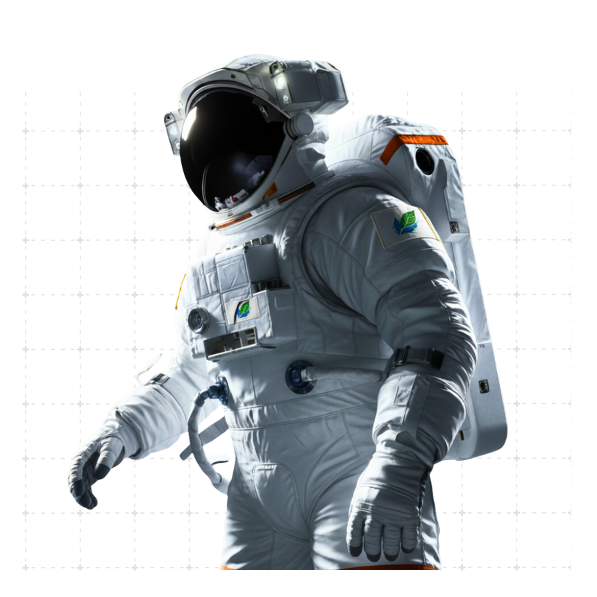 Astronaut in a white spacesuit with a backpack, floating against a white background.