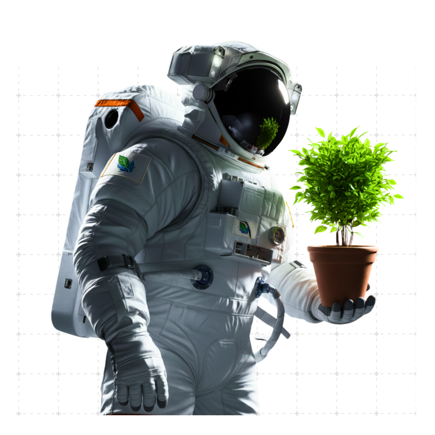 Astronaut in white suit holding a potted green plant against a bright background