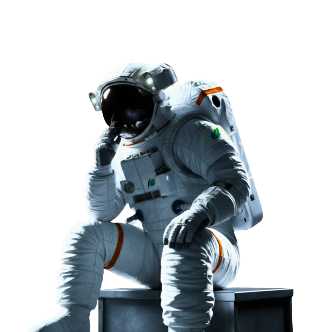 Astronaut in white spacesuit sitting on a small black bench against a white background