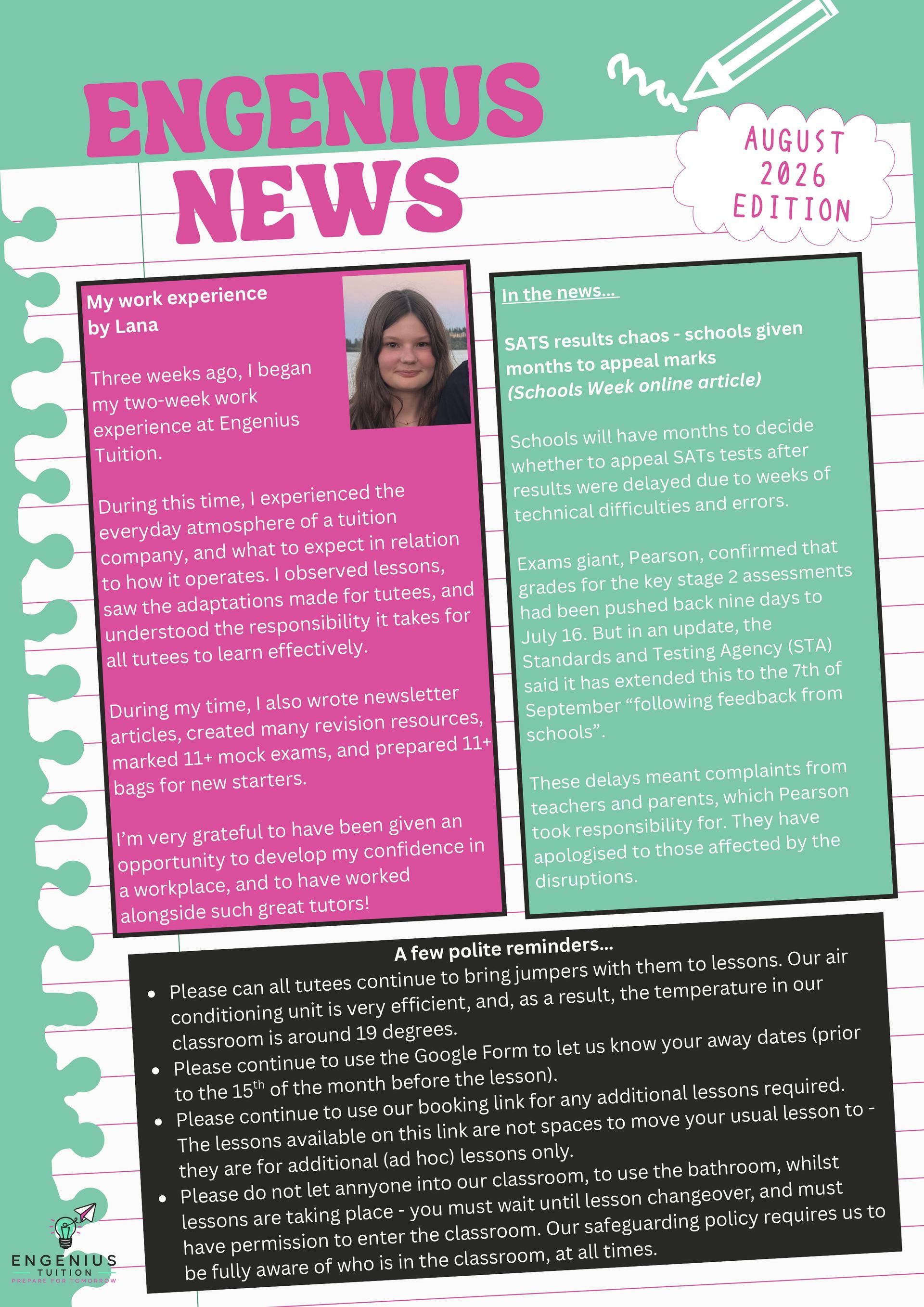 Engenius News poster with pink, green, and black text panels and a small portrait photo at top center.