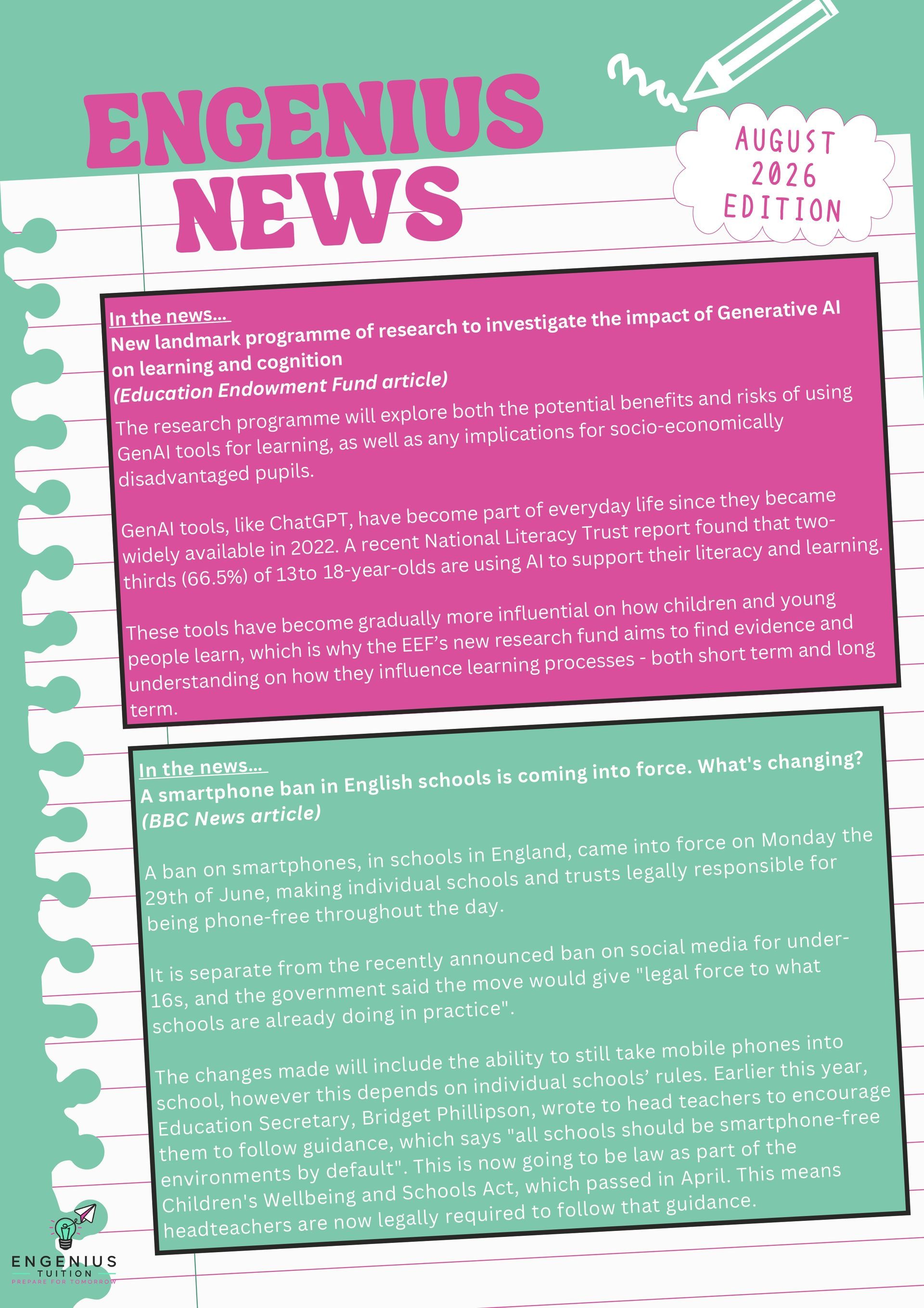 Pink and green “Engenius News” page with handwritten text blocks on a lined paper background