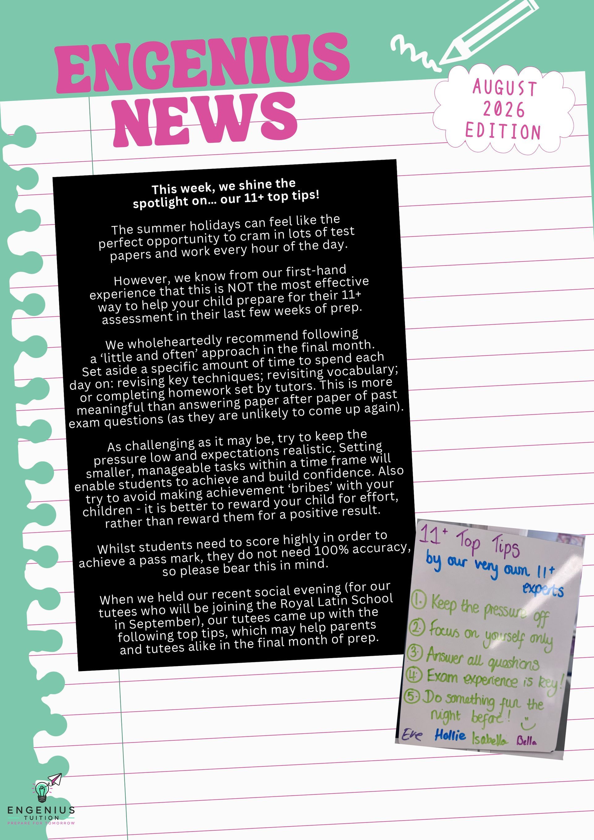 Colorful ENGenius News poster with a black central text panel and a small note on a white patterned background
