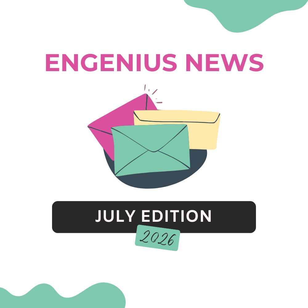 Engenius News July Edition cover with colorful envelopes and teal accents, labeled 2026