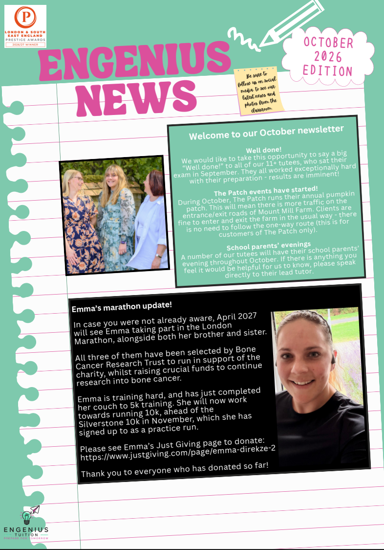 Engenius News poster with pink and green handwritten text boxes on a white lined background