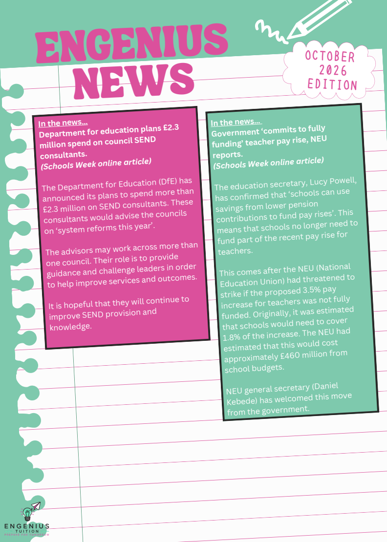 Pink “ENGENIUS NEWS” newsletter page with handwritten white text and mint green border on a lined paper background