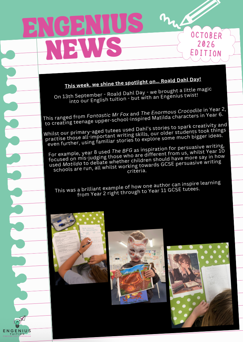 Poster titled “ENGENIUS NEWS” with text and several student award photos on a dark background