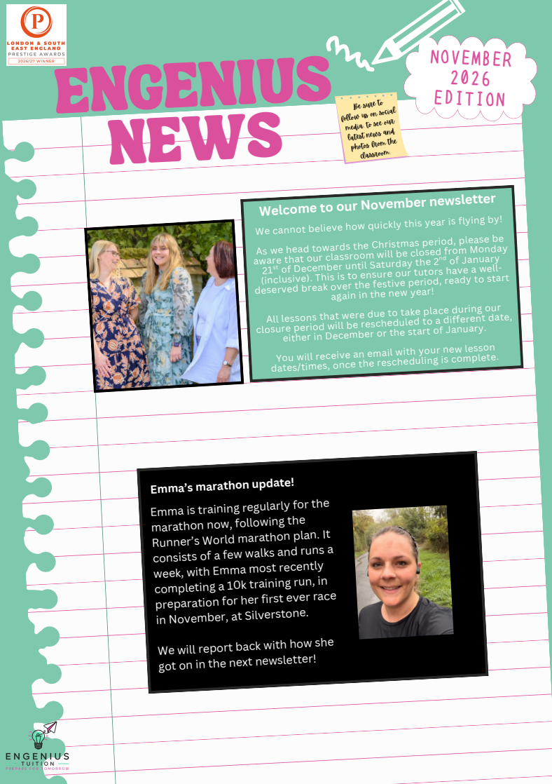 Engenius News poster with pink and green handwritten text boxes on a white lined background